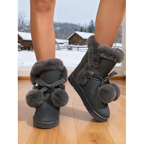 Rosa Damenstiefel mit Bommeln aus Kunstfell – kuschelige Winterstiefel mit niedlichen Schleifendetails für Weihnachten, festliche Anlässe und den Alltag Image