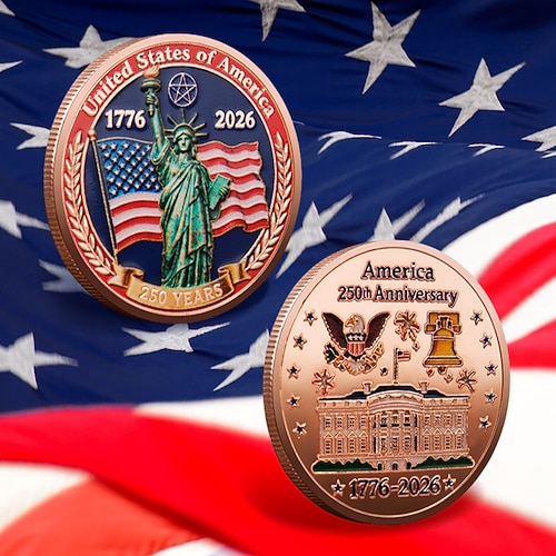 Gedenkmünzen zum 250. Jahrestag – goldene amerikanische Flagge Sammlermünzen mit Freiheitsglockenmotiv, langlebige Jubiläumsmünzen aus Metall für Sammler. Geschenkidee, patriotisches Design Image