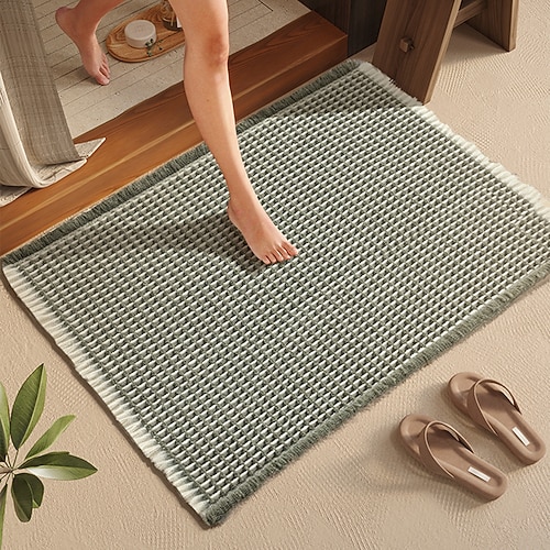 Waffel-Badematte im Boho-Stil, rutschfest, waschbar, super saugfähig und schnelltrocknend, kleine Badematte im Landhausstil, 45 x 75 cm, Khaki und Weiß Image