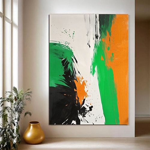 Großes, handgefertigtes Ölgemälde in Schwarz, Weiß, Grün und Orange – abstrakte Wandmalerei, Bestseller, moderne abstrakte Leinwandkunst, großes Ölgemälde in Orange Image