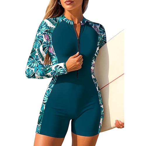 Damen Standard Anti UV Shirt Einteiliger Surfanzug Badeanzug Blumen Blumenmuster Tropisch Reißverschluss mit integriertem BH Herausnehmbare Polsterung UV-Sonnenschutz UPF50 Ultraleicht (UL) Langarm Image