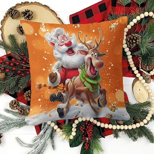 Weihnachtskissenbezug mit Weihnachtsmann und Rentier, niedliches Cartoon-Kissen für Sofa, Bett, Wohnzimmer, Weihnachtsdekoration, Geschenkidee mit 2D-Flachdruck Image