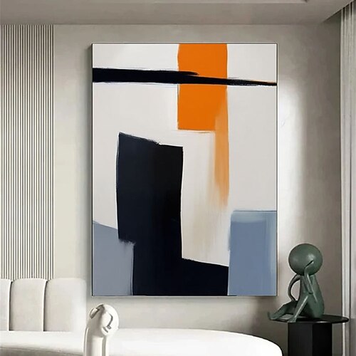 Handgemaltes Gemälde in Orange und Schwarz mit Farbblöcken, handgemaltes abstraktes Texturbild in Orange, minimalistische Kunst in Orange, abstraktes Gemälde in Schwarz, Wandkunst mit schwarzer Image