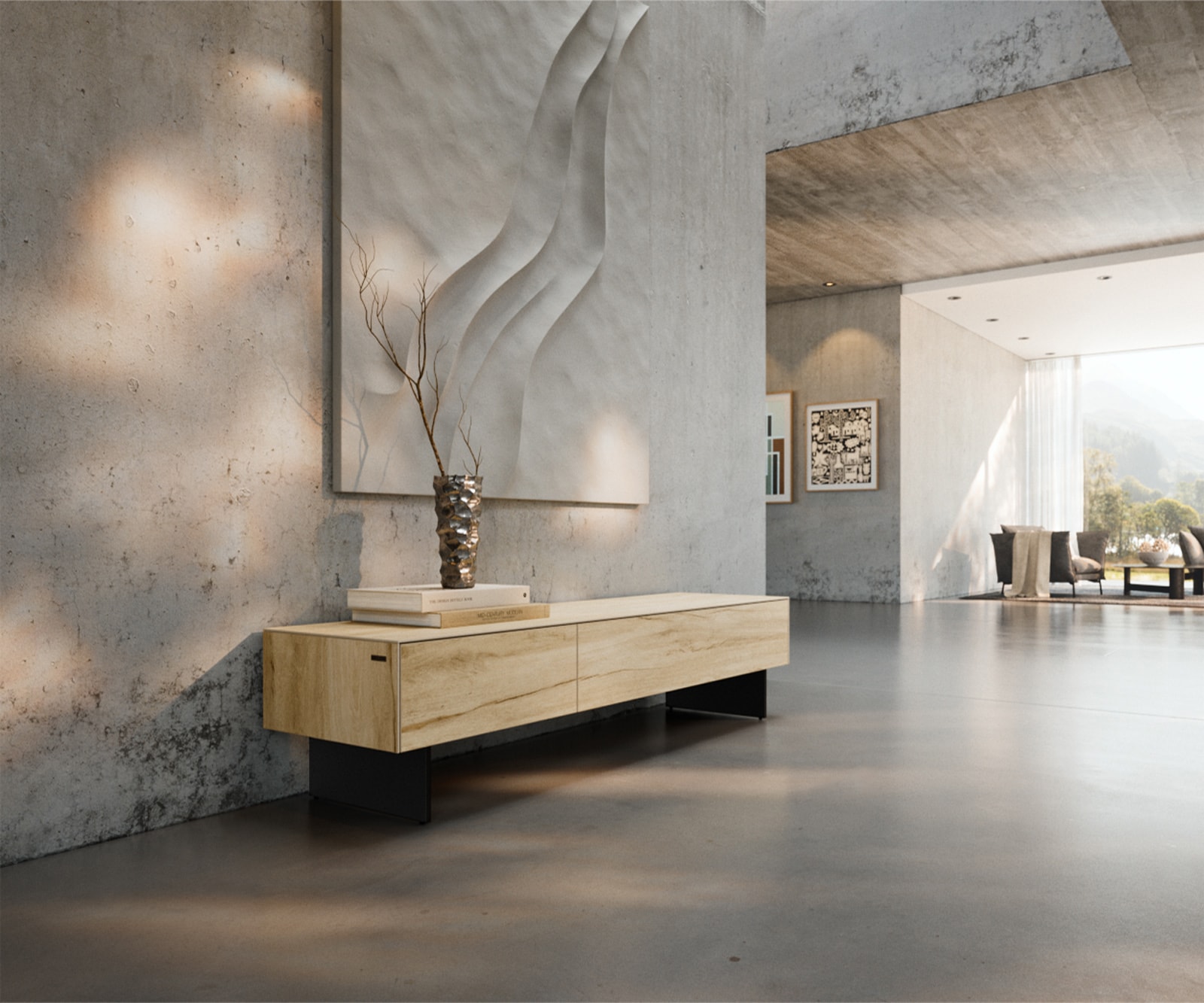 DELIFE Lowboard Cuor 150 cm Keramik Laminam® Sabbia Eichefarbig 1 Klappe 1 Schubfach Fuß Schwebeoptik Metall Schwarz, Lowboards Image