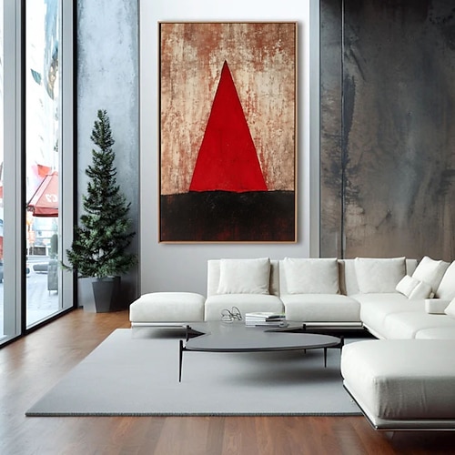 Handgemaltes abstraktes Ölgemälde eines infernalisch roten Weihnachtsbaums auf Leinwand, strukturiertes modernes Wandbild mit rotem Weihnachtsbaum. Image