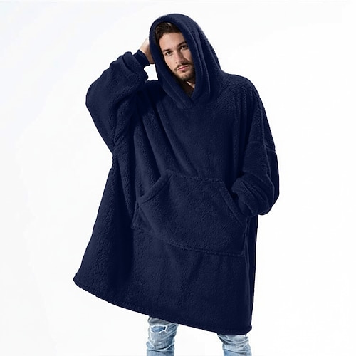 Herren Schlafanzug Nachtwäsche Bademantel Einfach Mode Stilvoll Klassisch Täglich Heim Bett Sherpa Polyester Thermowarm Komfort Weich Kapuzenpullover Langarm Herbst Winter Blau Schwarz Image