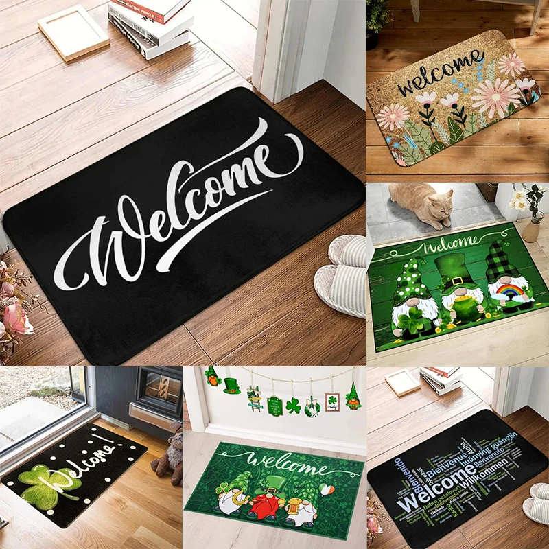 Mehrsprachige Willkommens-Fußmatte mit Kleeblatt- und Blumenmustern, rutschfester Bodenteppich, dekorative Eingangsmatte für Zuhause und Veranda Image