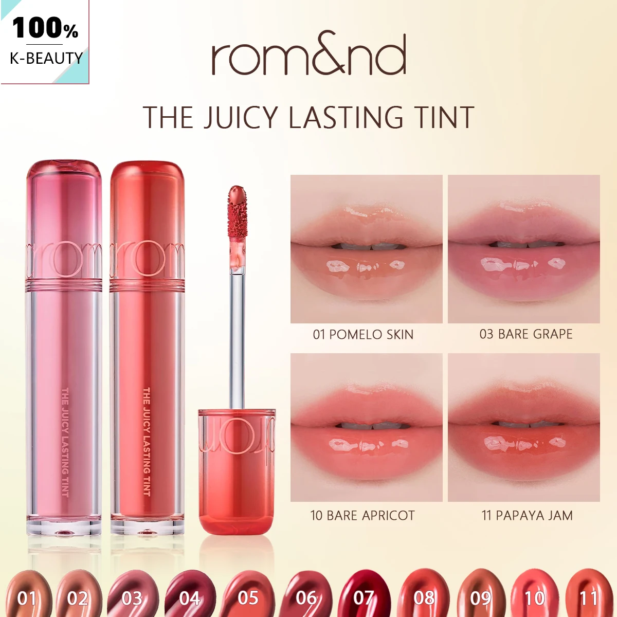 rom&nd THE JUICY LASTING TINT-11 Farbtöne, Leichtes, Feuchtigkeitsspendendes, Luxuriöses Make-up, Lipgloss, Koreanische Kosmetik, K-Beauty, Koreanisches Make-up