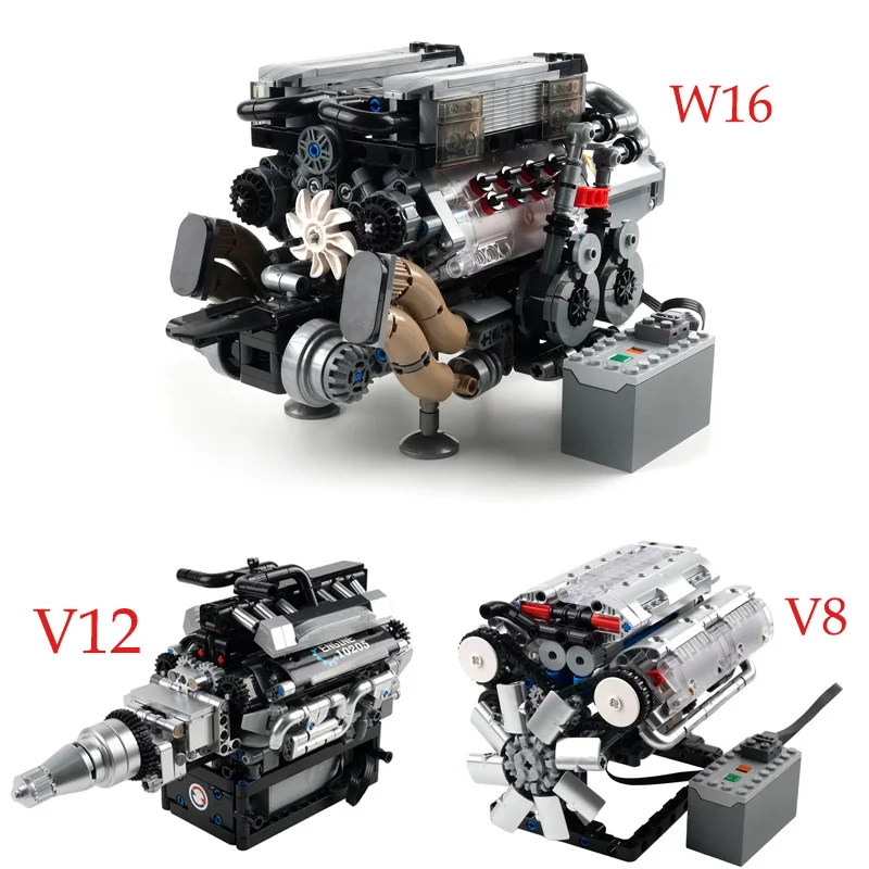 Simulation Skala Autos W16 Motor Modell Bausteine mit Motor Angetrieben V8/V12 10088/10131 Montage Ornamente MOC Ziegel geschenke Image