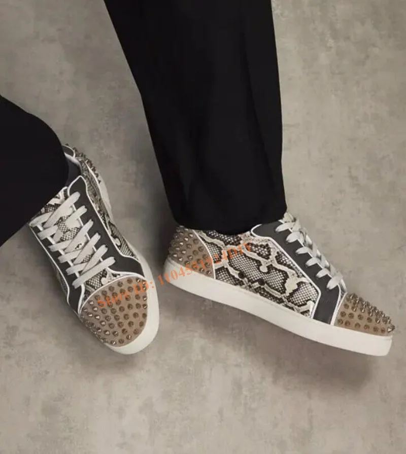 Python Muster Gelbe Zehe Lace Up Sneakers für Männer Niet Gemischte Farbe Wohnungen Casual Skateboard Schuhe Trainer Zapatillas Mujer