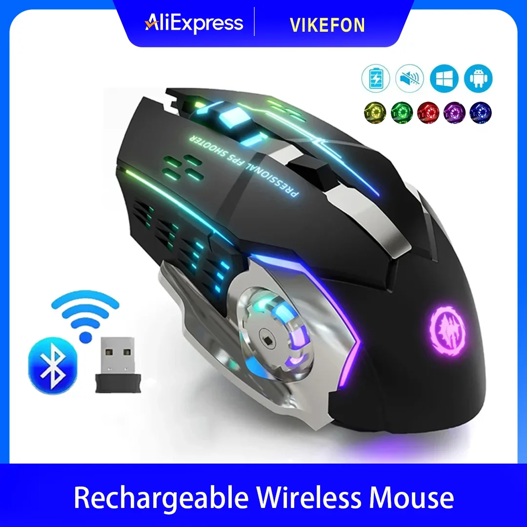 Wiederaufladbare kabellose Maus mit 2,4 GHz USB und Bluetooth, ergonomische, leise optische RGB-Hintergrundbeleuchtung für Laptop-PC-Gaming Image