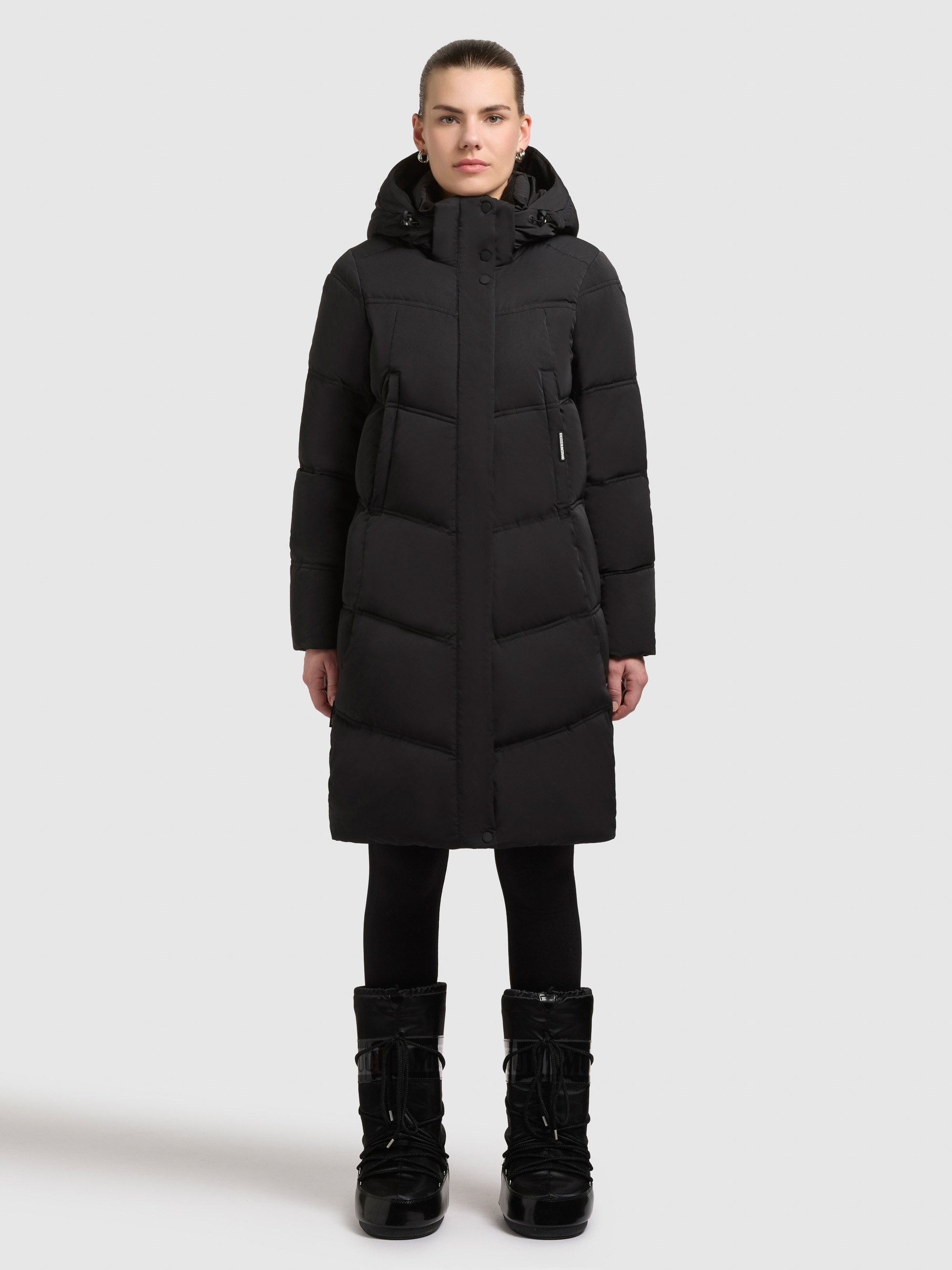 Steppmantel KHUJO "GRAYA2", Damen, Gr. L, schwarz, 88% Polyester, 12% Polyamid, unifarben, regular fit ca. Mitte Oberschenkel, eingesetzt elastischer Bund mit Windstopper, Mäntel Steppmantel Image