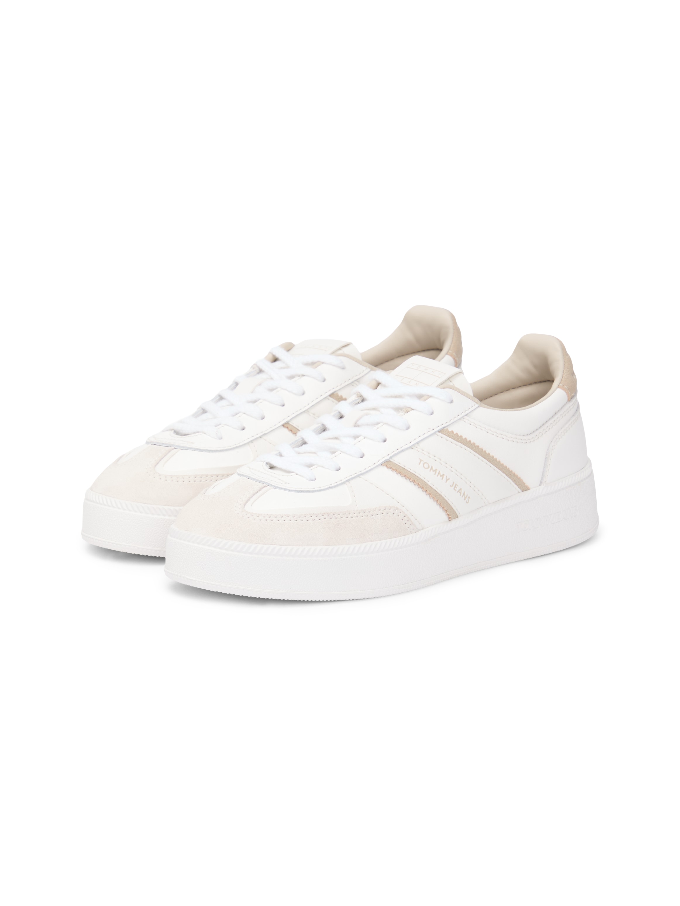 Plateausneaker TOMMY JEANS "THE GREENWICH EDGE FLATFORM", Damen, Gr. 40, beige, hellbraun, Leder, Lederimitat, Veloursleder, Schuhe Plateausneaker