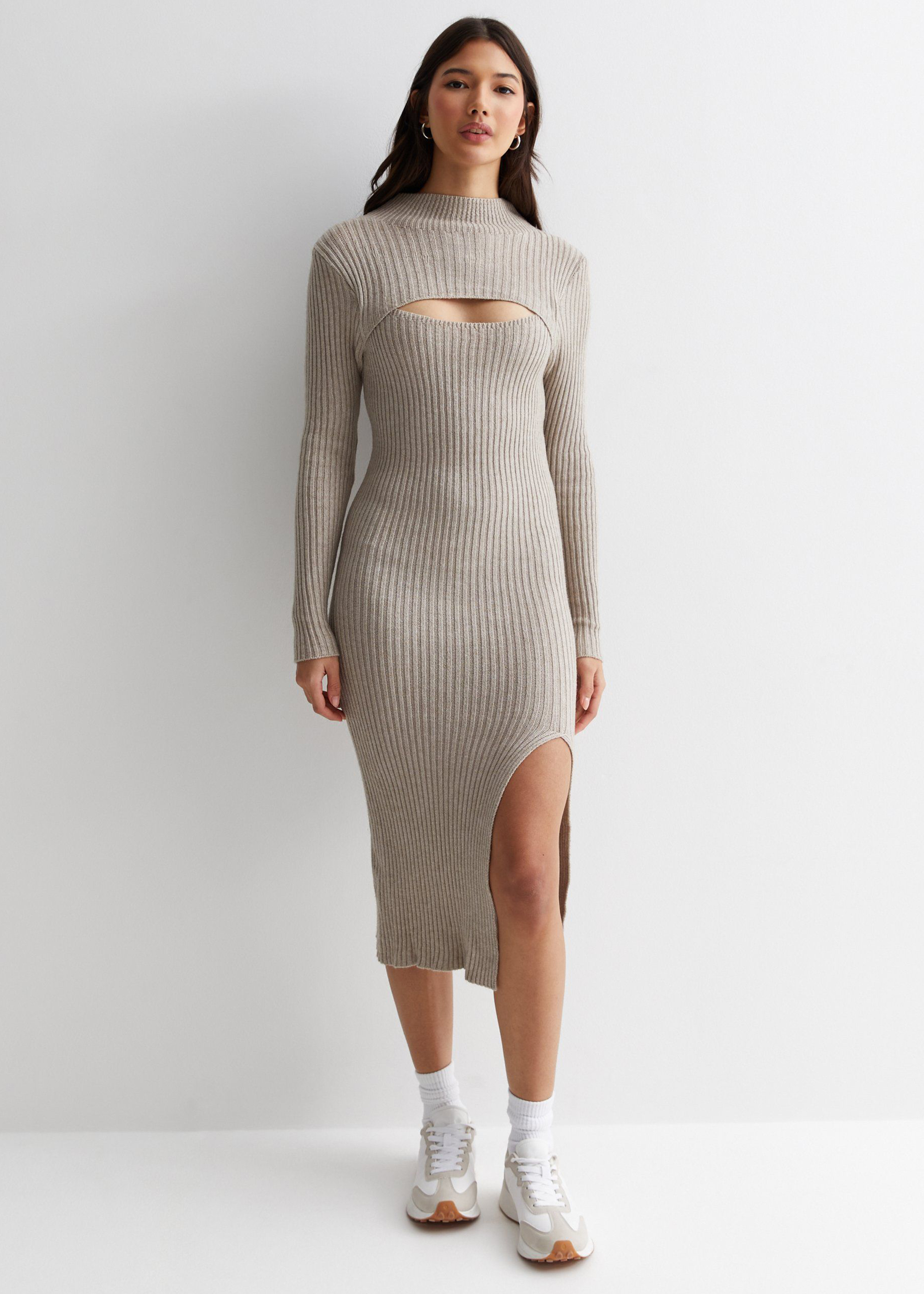 Beigefarbenes geripptes Midikleid mit Bodycon-Ausschnitt Image