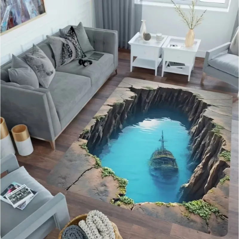 Abstract 3D Landscape Art Mat Soft with Realistic Cave and Ocean Suitable for Living Room Kitchen Bedroom Living Room Carpet