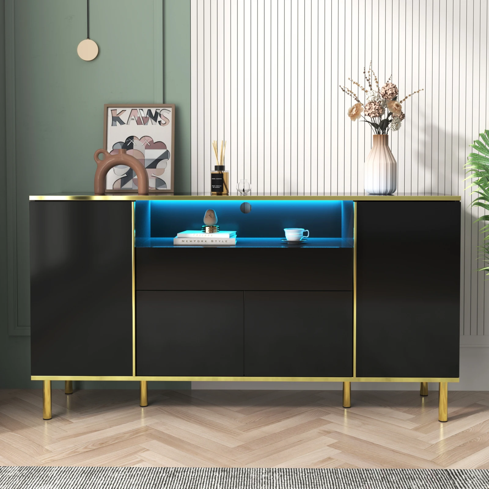 Comanlai 150 x 40 x 80 cm Hochglanz-Sideboard, Buffetschrank, mit LED-Beleuchtung, 1 Schublade, großer Stauraum, für Wohnzimmer
