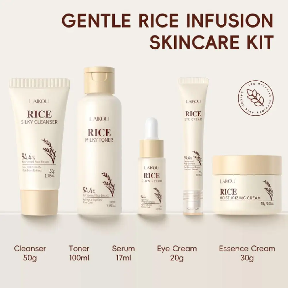 LAIKOU Hautpflege-Geschenkset, Reistextrakt, feuchtigkeitsspendender Augencreme-Reiniger, Tonerlotion, aufhellende Anti-Aging-Hautpflege-Essenz Image