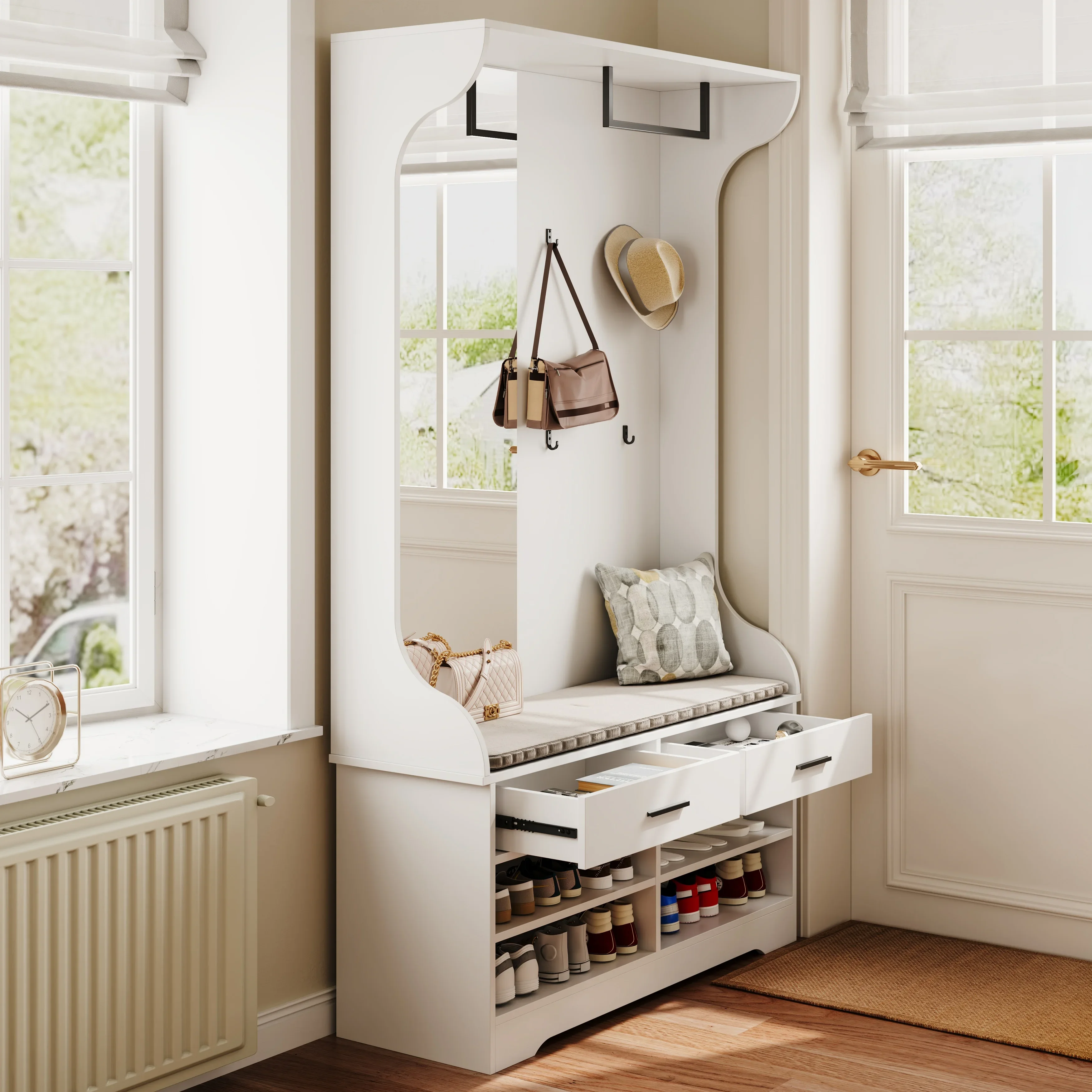 Garderobenständer mit Schuhbank, Garderobenständer mit 4 Haken und Spiegel, Flurgarderobe mit Stangen und Regal, Weiß, 104 x 35 x 180 cm
