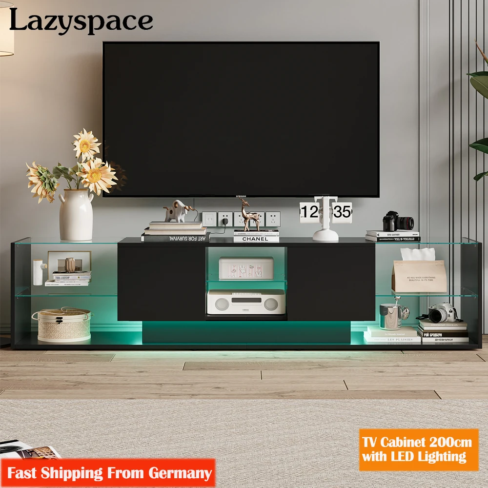 Lazyspace Schwarzer TV-Schrank, Lowboard-TV-Ständer mit Hochglanz, LED-Beleuchtung und Glasböden, TV-Schrank 200 cm für Wohnzimmer