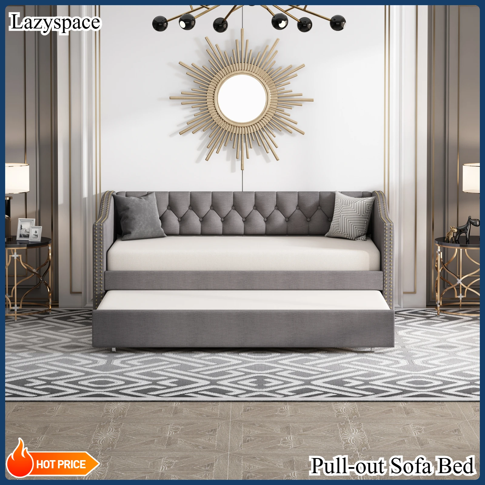 Lazyspace Ausziehbares Schlafsofa, Kinderbett, Leinenstoff, Jugendbett, Gästebett, Wohnzimmersofas, mit Lattenrost, 90 x 200 cm