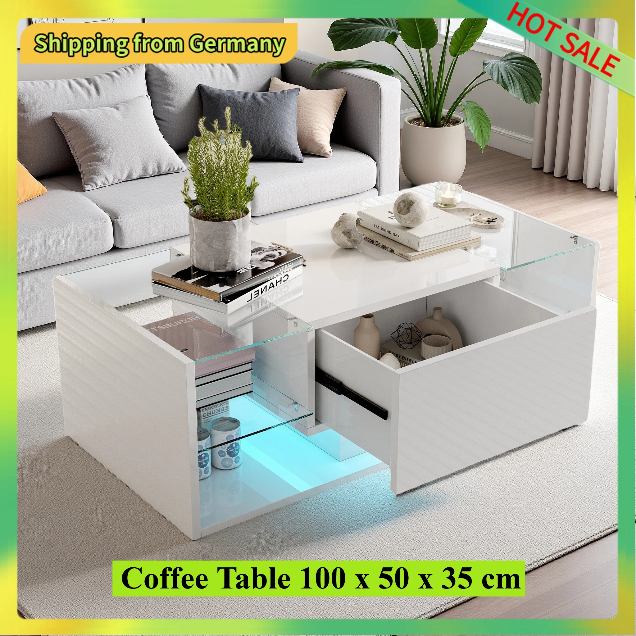 Comanlai LED-Couchtisch mit Schublade und 4 offenen Fächern, moderner Couchtisch für Wohnzimmer, 100 x 50 x 35 cm, Weiß