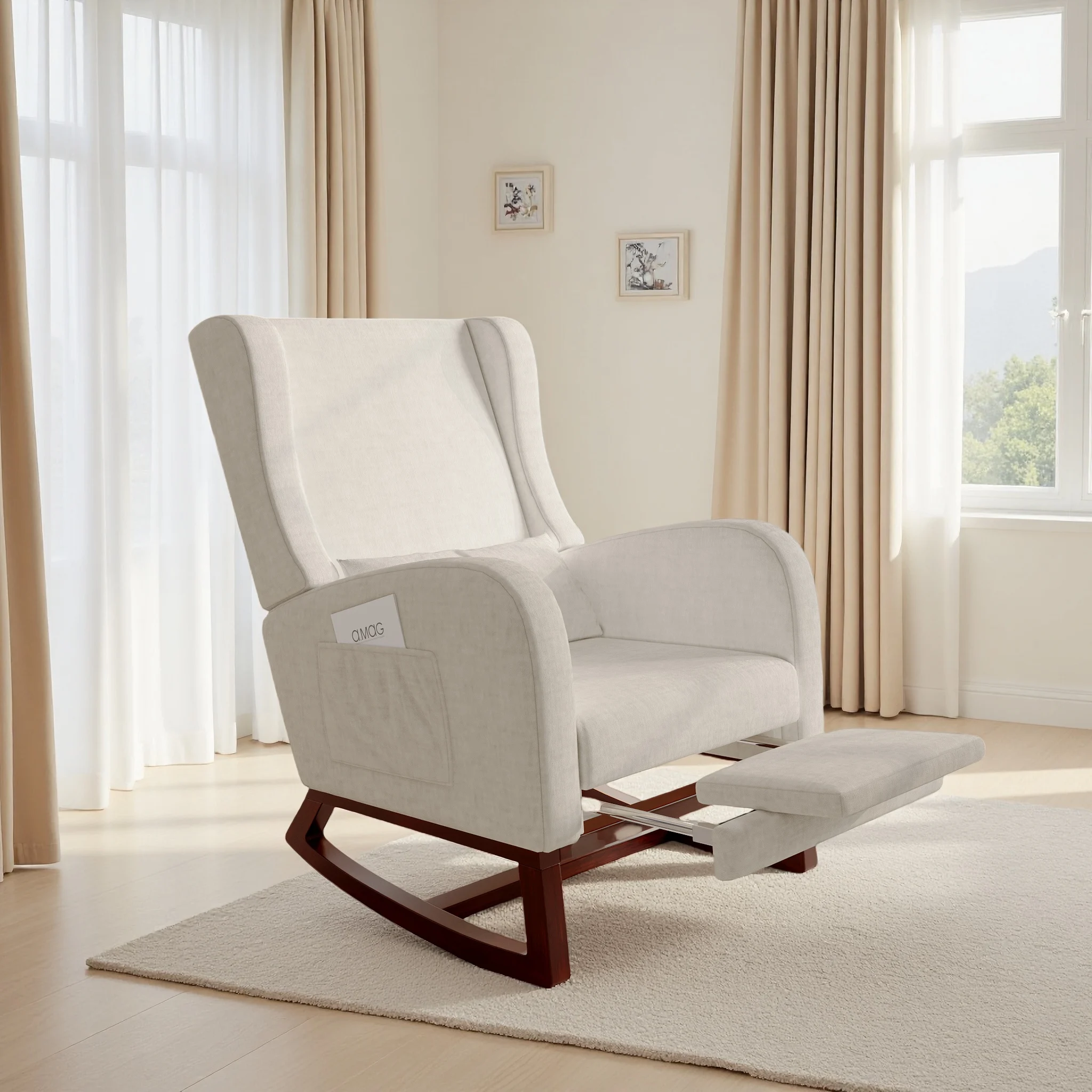 Rosahqnda Schaukelstuhl, Relaxsessel 64x67x99cm, Schaukelstuhl mit Fußstütze, Stillstuhl, Schaukelstuhl mit 2 Seitentaschen