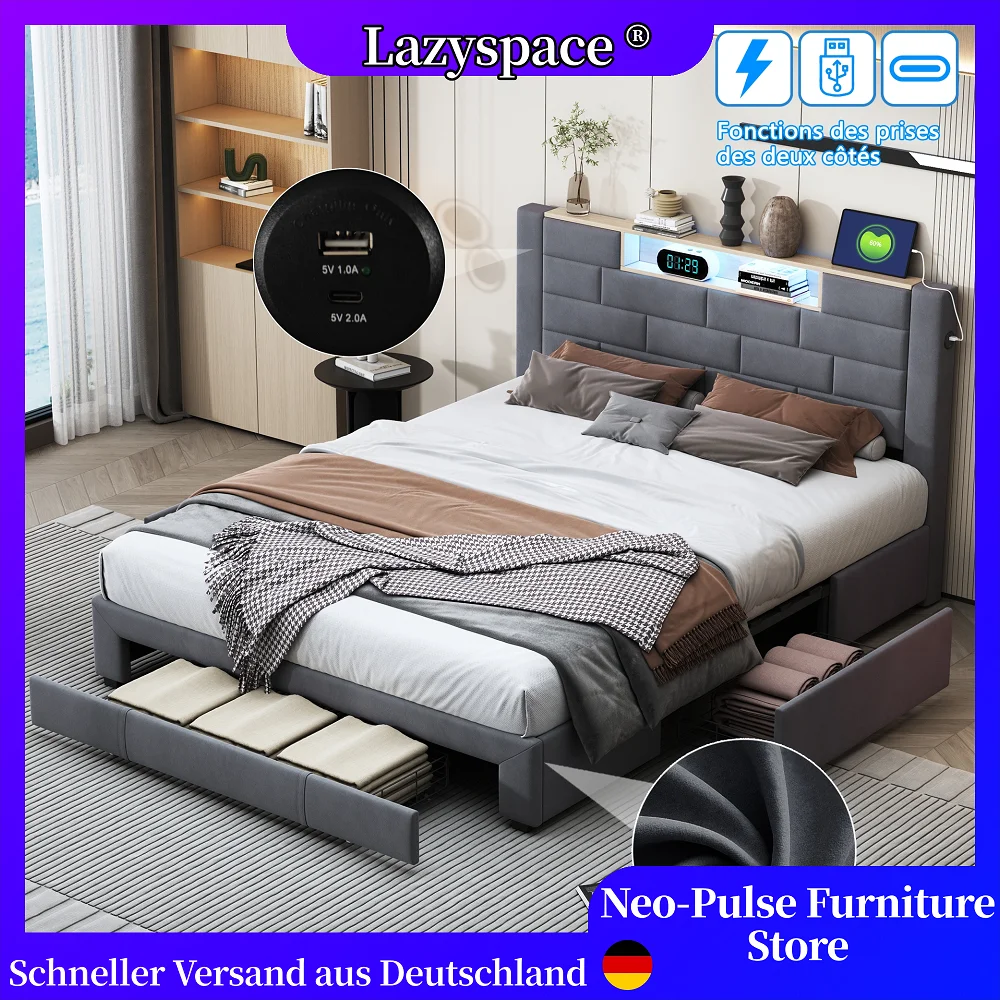 Lazyspace Bettgestell mit Stauraum, grauem Samt gepolstertes Bett, Kopfteil USB + Typ-C-Ladefunktionen, Schlafzimmermöbel