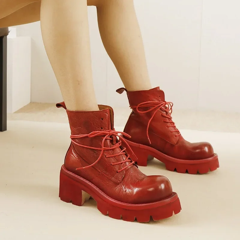 Birkuir Original Stiefeletten mit dickem Absatz für Damen, Schnürung aus echtem Leder, roter High Heel, großer Kopf, lange Stiefel, Größe 41, Punk-Schuhe