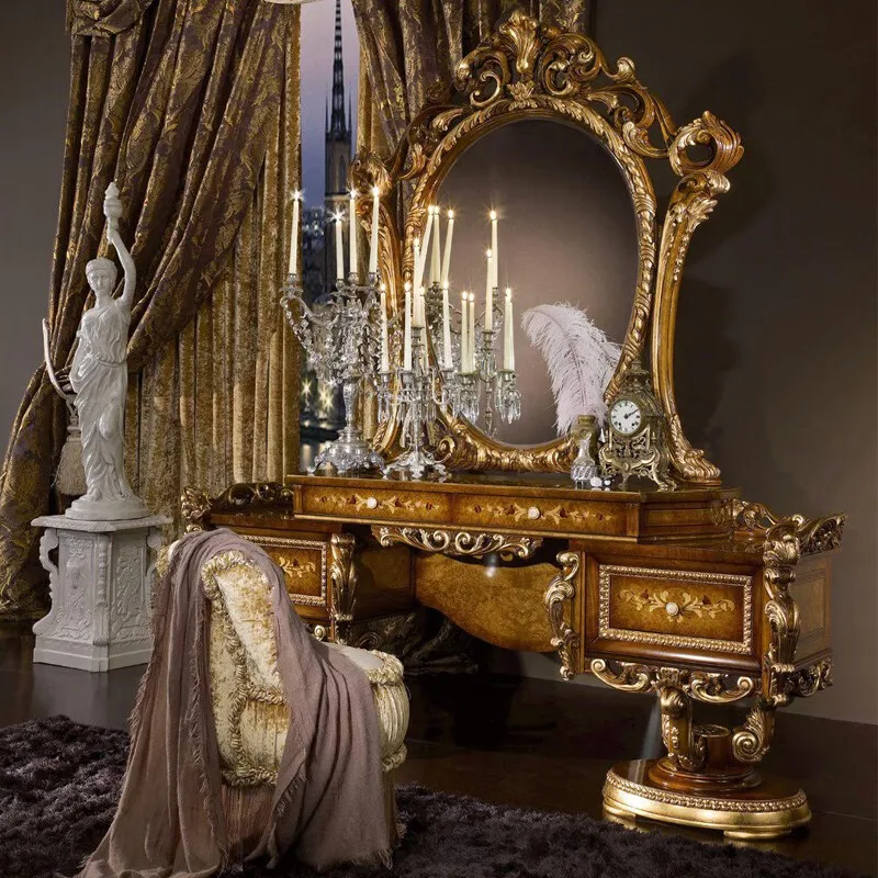 Französischer Schminktisch aus massivem Holz, luxuriöser europäischer Retro-Schminktisch, Villa, geschnitzter Luxustisch, Hauptschlafzimmer Image