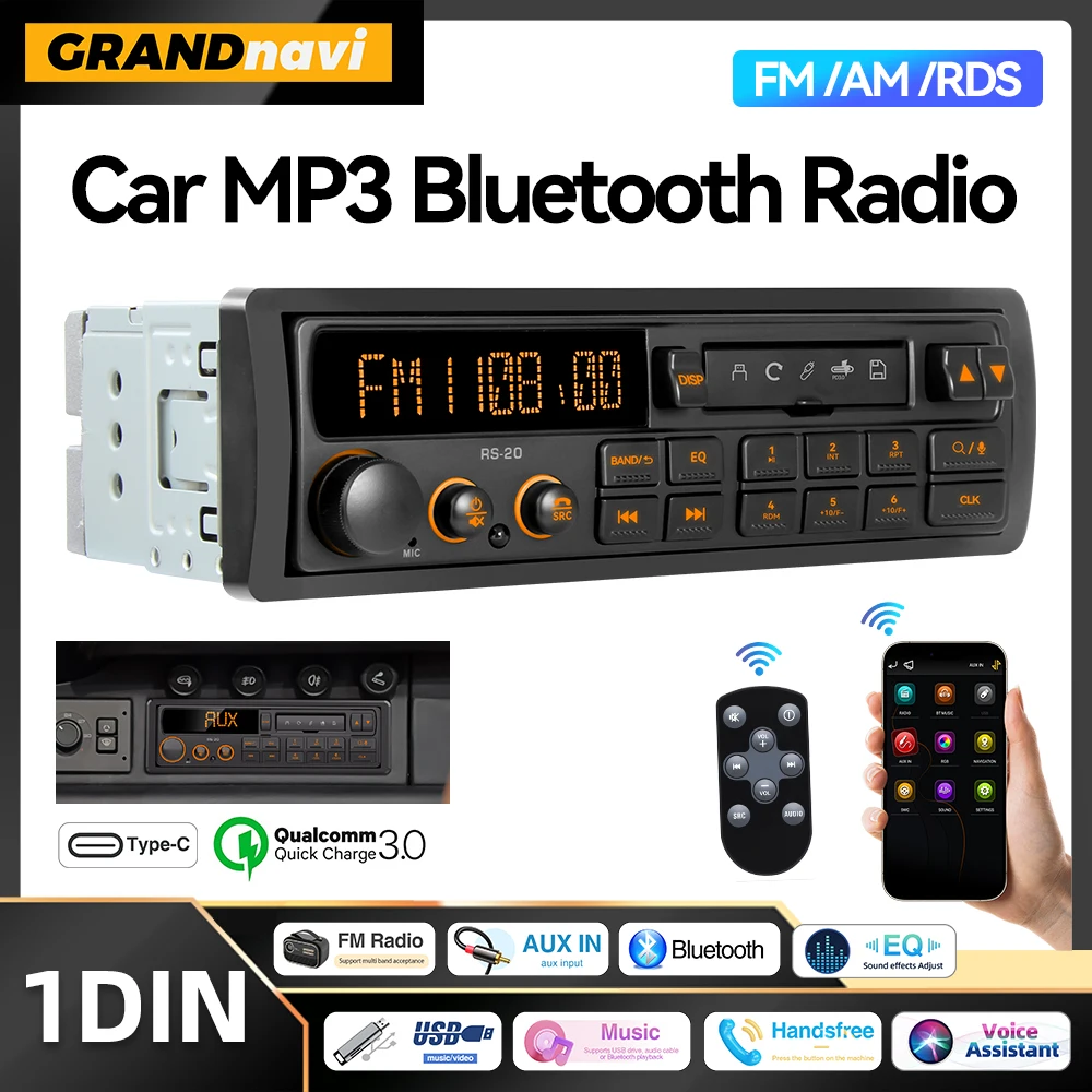 Retro MP3-Autoradio-Player 1 DIN Stereo EQ FM AM RDS DAB-Empfänger QC3.0 Bluetooth USB AUX-Eingang für VW Porsche Mercedes Benz BMW Image
