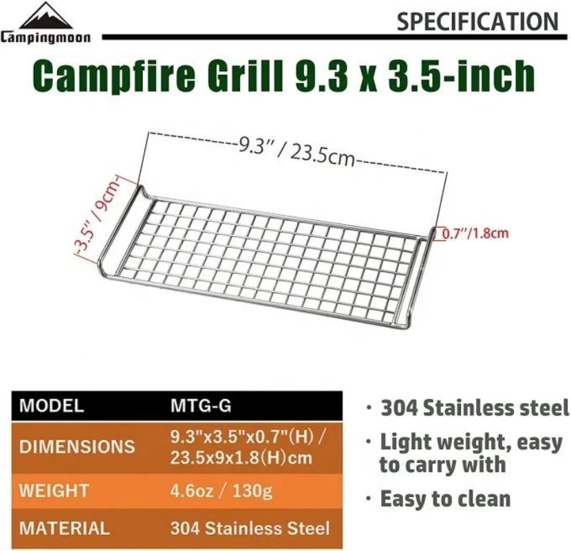 CAMPINGMOON MTG-G CampingAusrüstung Barbecue G-net Kleiner und leichter Grill mit Grillnetz aus Edelstahl 304 Image