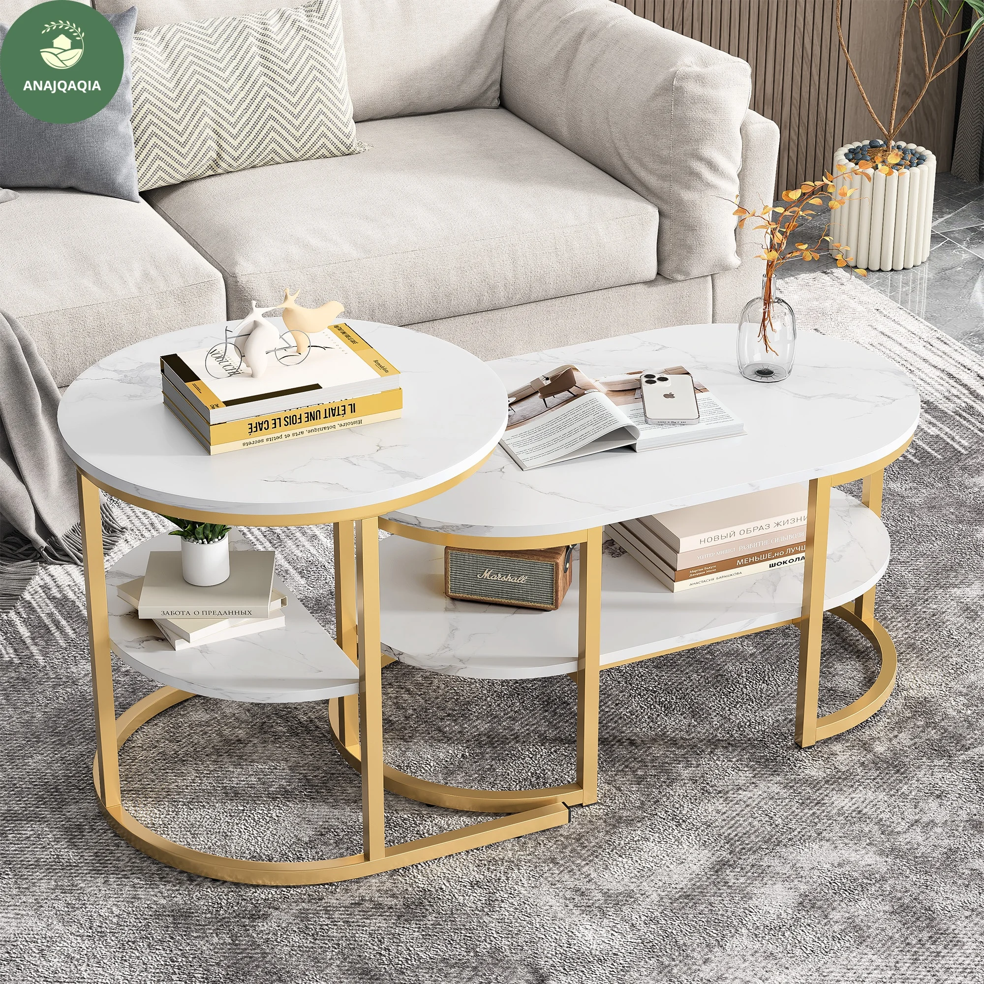 Anajqaqia 2er-Set Couchtische, runde und ovale Beistelltische/Rechteck mit Stauraum und Metallrahmen, Satztische