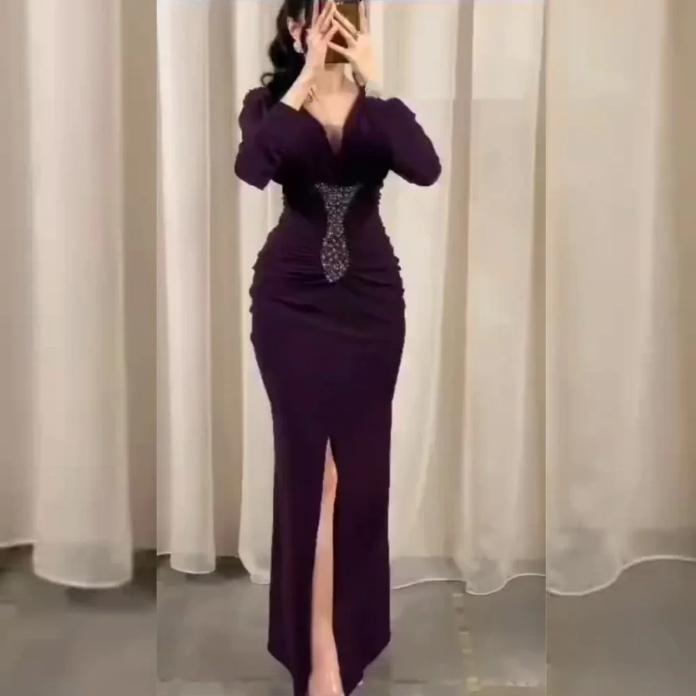 Customized Fashion Elegant Jersey Sequined Pleat Trumpet V-neck Midi Dresses Bespoke Occasion Intricate