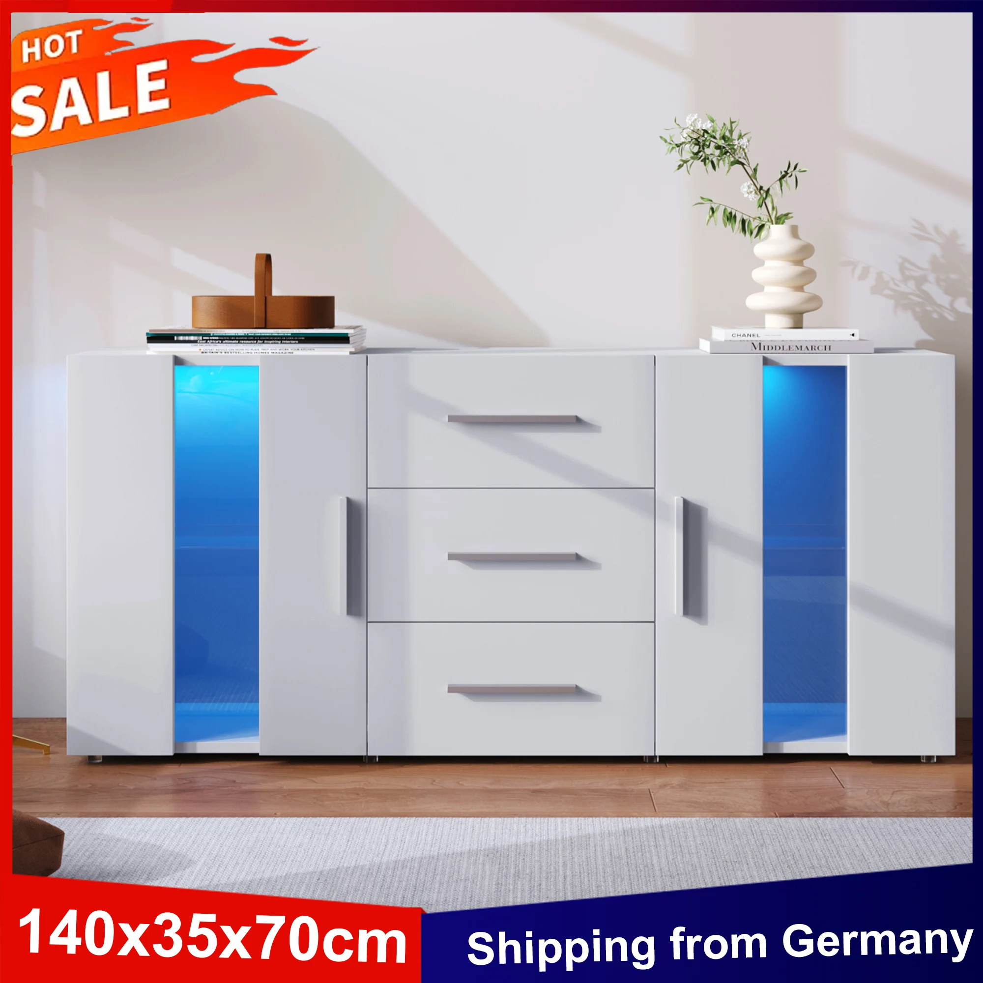 Anajqaqia 140 x 35 x 70 cm TV-Schrank, Sideboard, Kommode, Konsolentisch, Aufbewahrungsschrank mit LED-Licht für Esszimmer/Wohnzimmer
