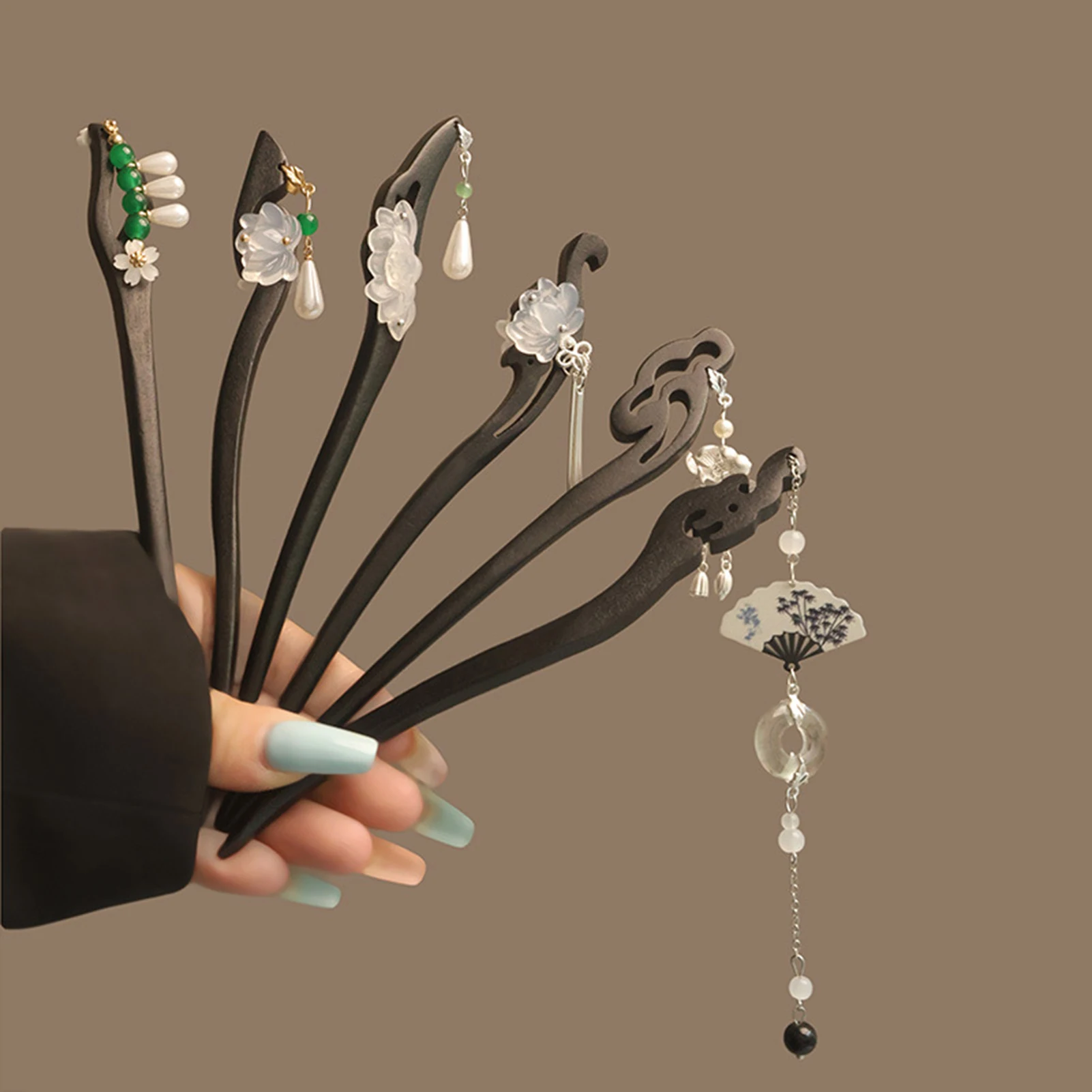 Vintage Lotus Sandelholz Haarnadel Chinesischen Stil Holz Haar Stick Mit Blume Perlen Quaste Design Frauen Schmuck Haar Zubehör Image