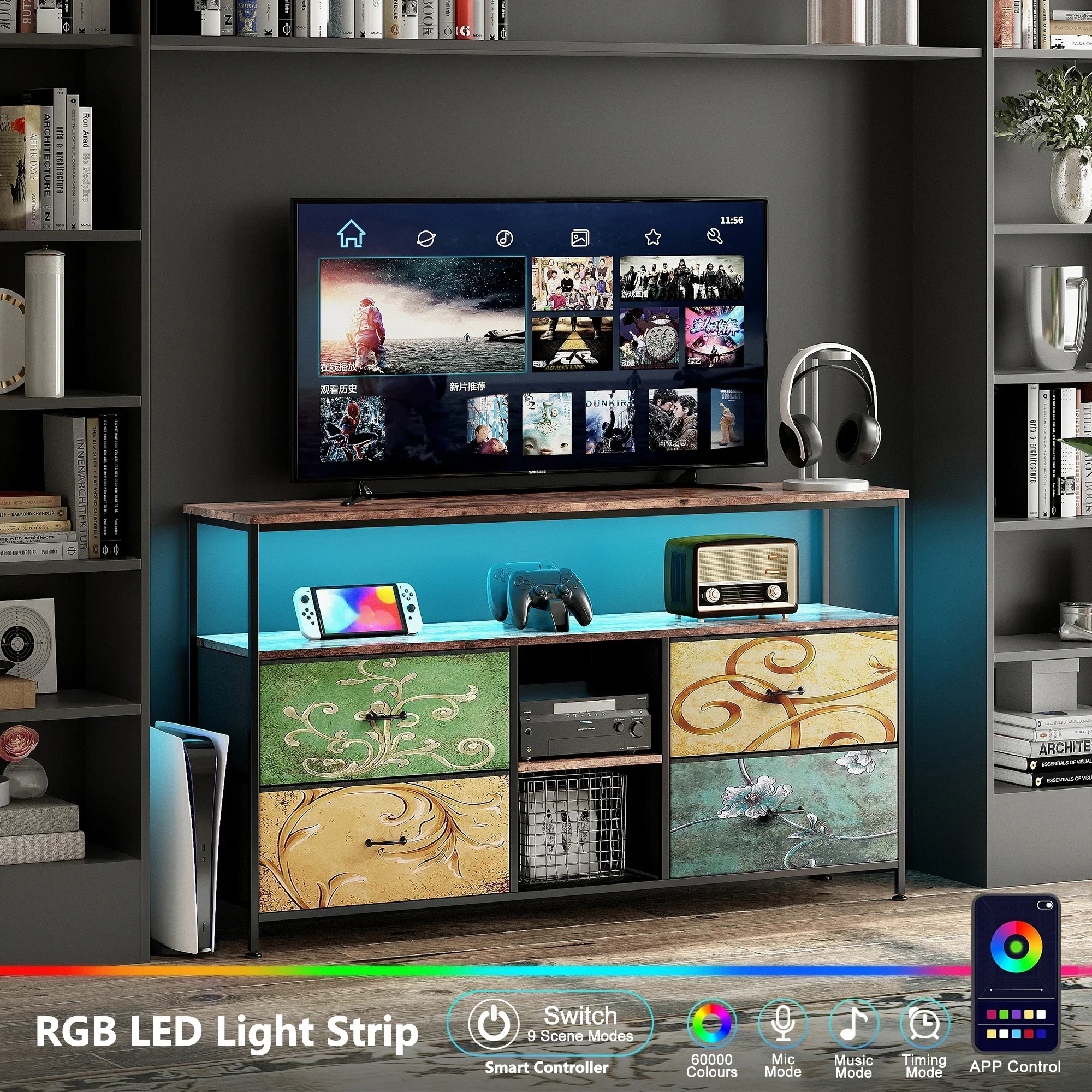 Rosahqnda TV-Ständer mit 4 Schubladen, TV-Schrank, verstellbare Regale, TV-Tisch, TV-Schrank, Wohnzimmermöbel