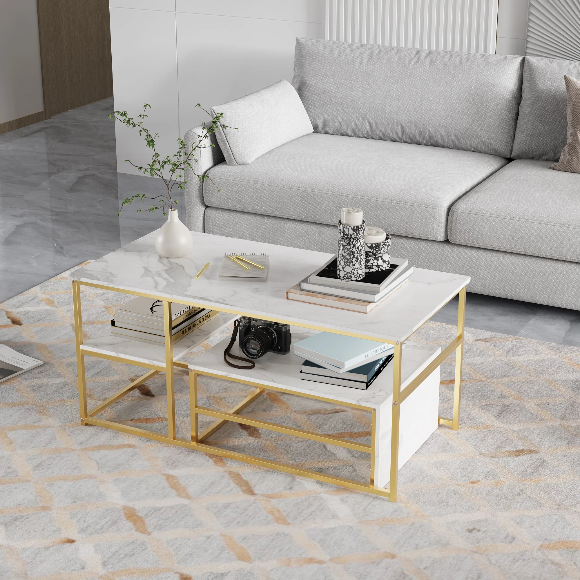 Rosahqnda 2er-Set Couchtische, Beistelltische, Marmoroptik mit Metallrahmen und Regal, Couchtisch, Wohnzimmertisch