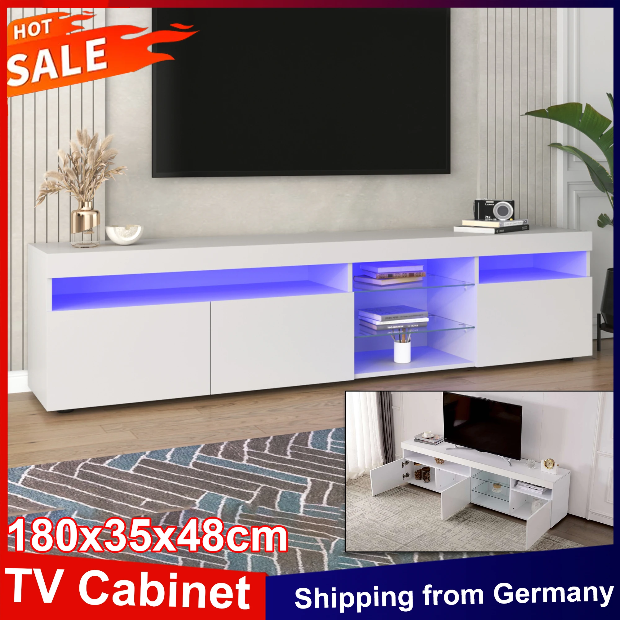Anajqaqia TV-Schrank 180 x 35 x 48 cm, modernes TV-Lowboard, Hochglanz- und Glaslaminat, TV-Bank mit variabler LED-Beleuchtung, Weiß
