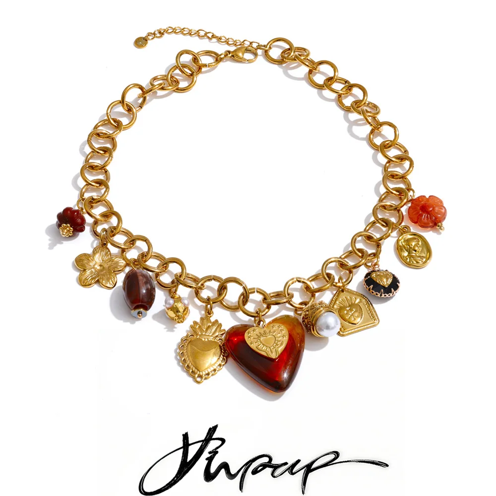 Yhpup Collana con ciondolo con ciondoli Collana in acciaio inossidabile con cuore acrilico Fiore Collana con goccia di fragole Collana con collare impermeabile