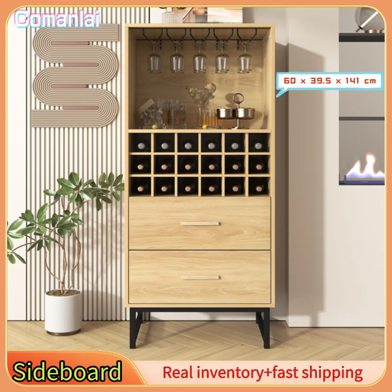 Comanlai 60 x 39,5 x 141 cm Sideboard, Weinschrank mit zwei Schubladen, 18 Fächern und Glashalter, mattschwarze Metallfüße