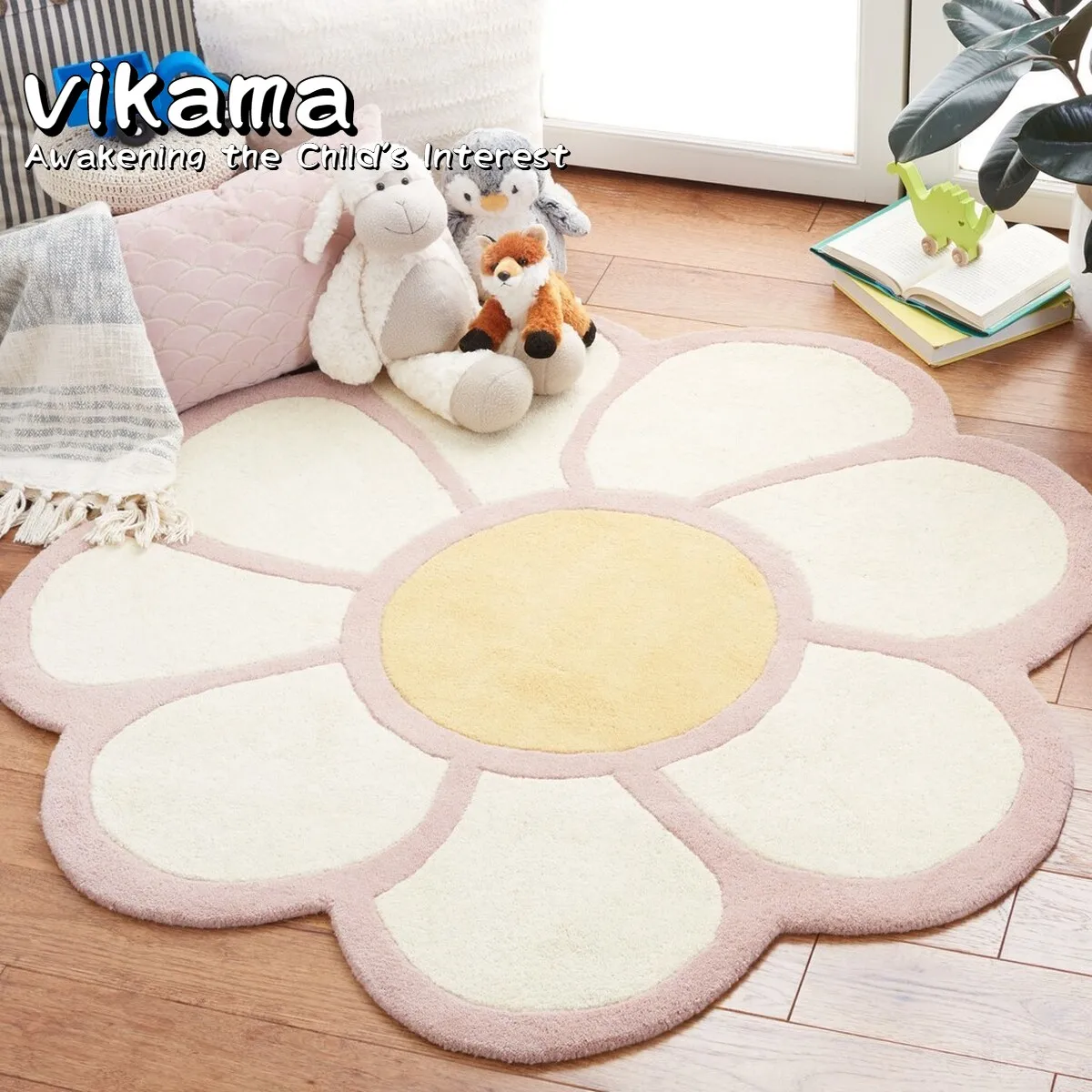 VIKAMA Niedlicher runder Kinderteppich – rutschfeste Matte im nordischen INS-Stil für Schlafzimmer, Nachttisch, Eingangsbereich des Zimmers, Dekorteppich für Mädchen