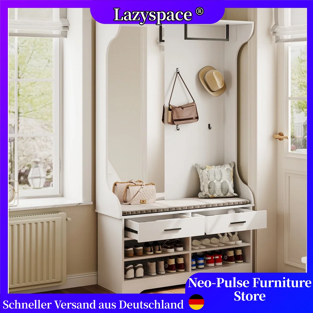 Lazyspace Garderobenständer mit Schuhbank und Schuhaufbewahrung, multifunktionaler Garderobenständer mit Spiegel, 4 Kleiderhaken und Hängestange und 2 Schubladen