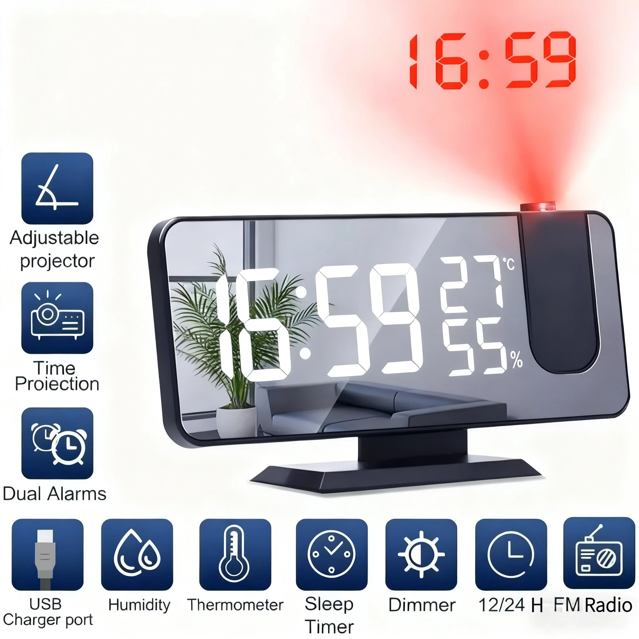 LED Digital Projection Alarm Clocks USB Electronic Ceiling Projector Alarm Clock with FM Radio for Bedroom Bedside Desktop Clock