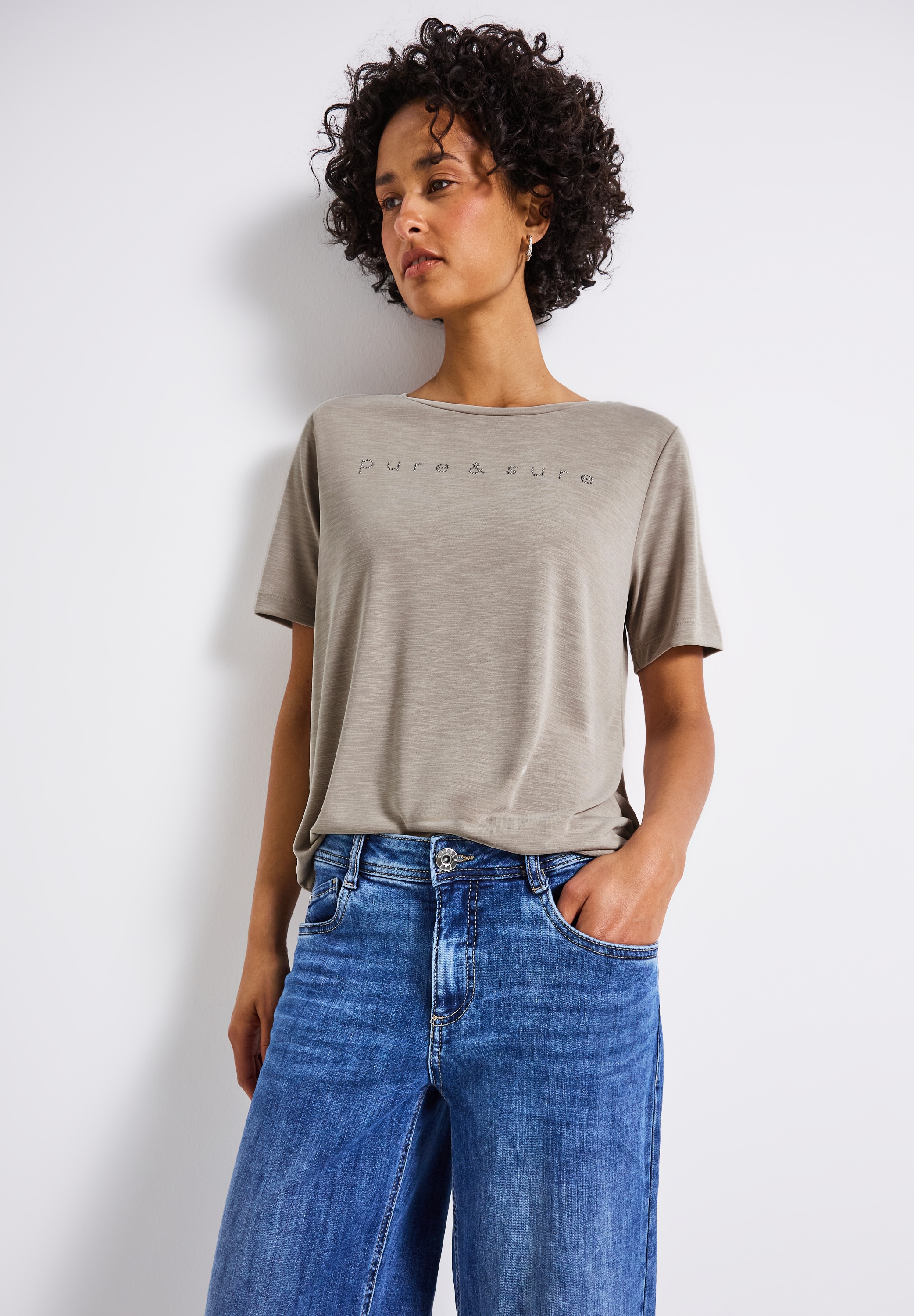 T-Shirt STREET ONE, Damen, Gr. 36, beige (morning beige), Stoff, 70% Modal, 30% Polyester, unifarben, normal normal, Rundhals, abgesteppt, Shirts T-Shirt, mit Wording