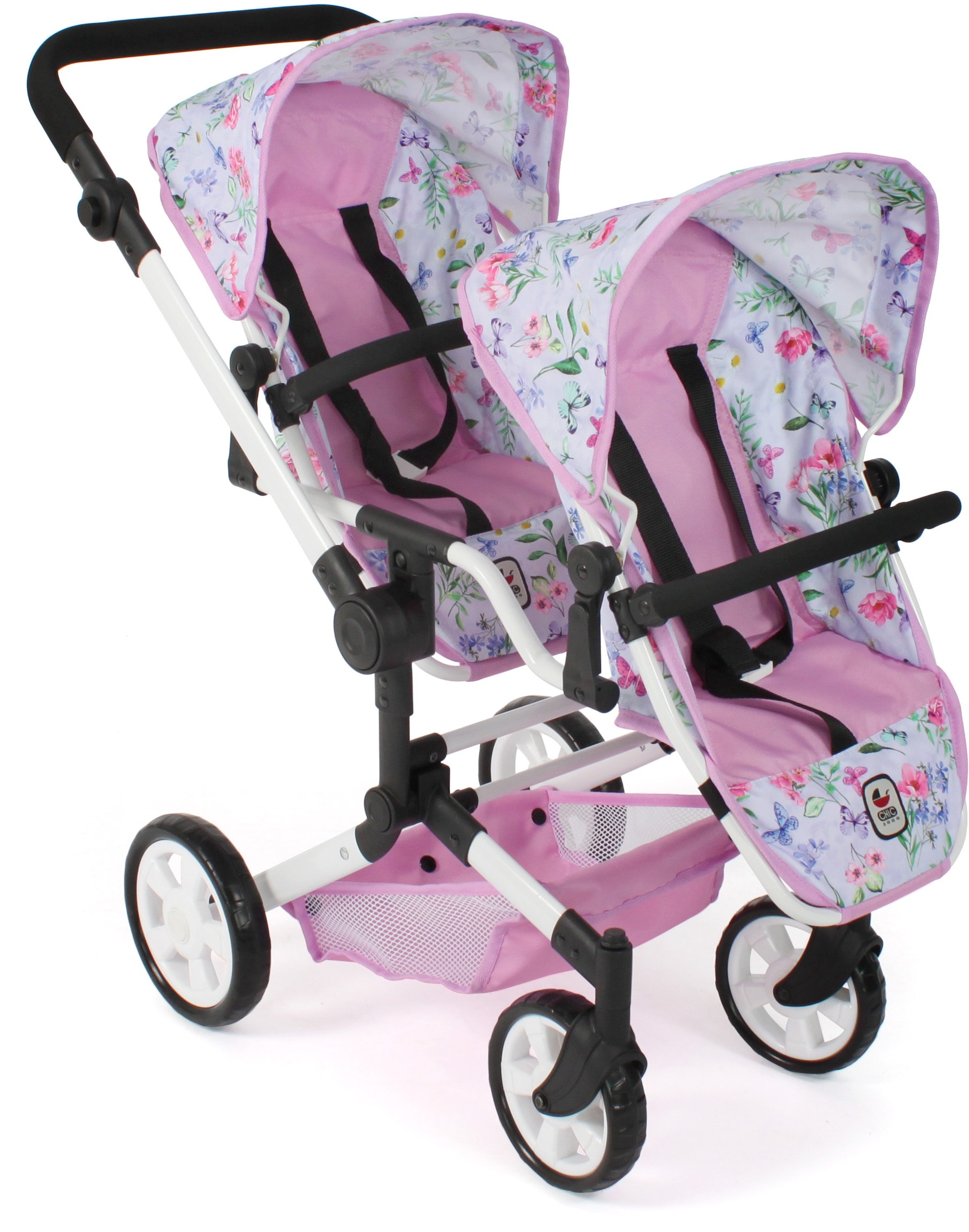 Puppen-Zwillingsbuggy CHIC2000 "Linus Duo", bunt (flowers), Puppenwagen, KinderB:80cm H:79cm T:80cm, Kunststoff, Polyester, Stahl, mit zwei abnehmbaren, bis in Liegeposition verstellbaren Sportsitzen, B:80cm H:79cm T:80cm