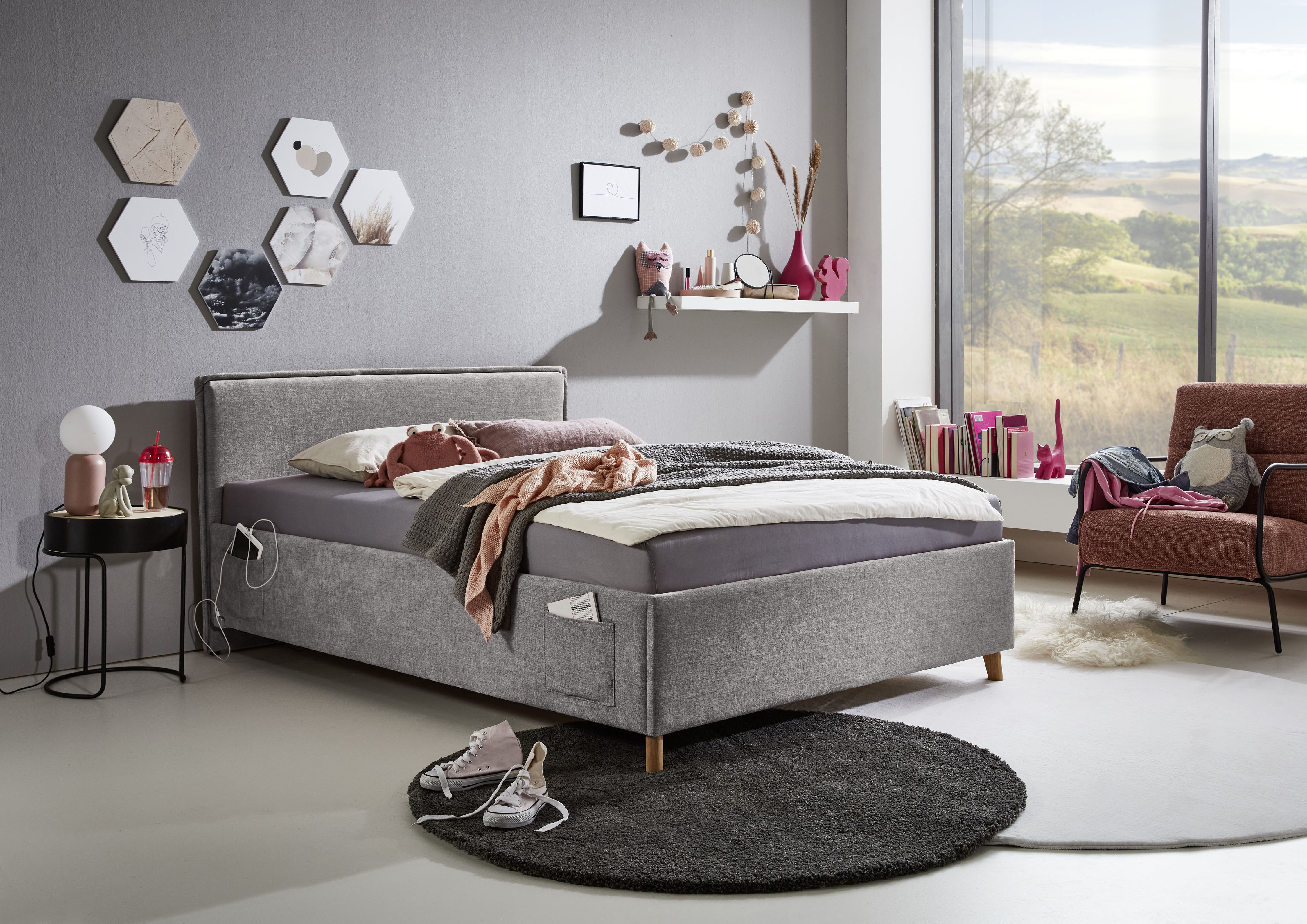 Kinderbett MEISE.MÖBEL "FUN", grau (grau, grau), B:133cm L:215cm, Betten, Kinderbett, Polsterbett wahlweise mit Bettkasten, Jugendbett inkl. USB-Anschluss