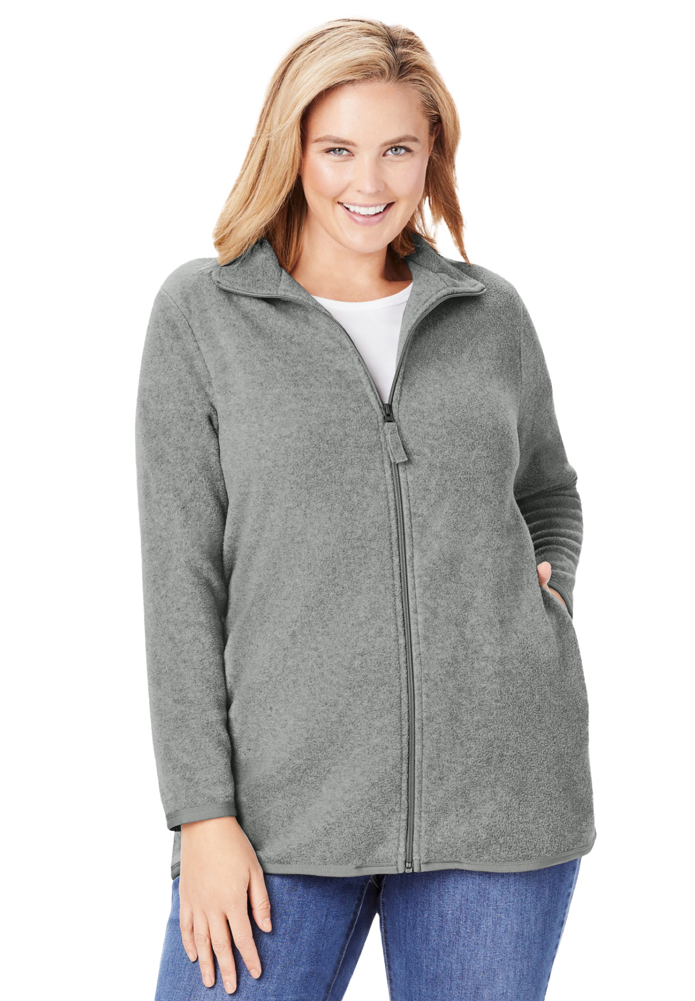 Plus Size Women's Zip-Front Microfleece Jacket by Woman Within in Medium Heather Grey (Size 2X)