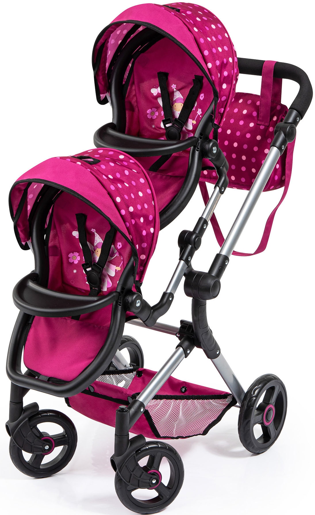 Puppen-Zwillingsbuggy BAYER "Twin Neo", rot (fee bordeaux), Puppenwagen, KinderB:41,5cm H:81cm T:81,5cm, Kunststoff, Metall, Stoff, mit Wickeltasche, B:41,5cm H:81cm T:81,5cm