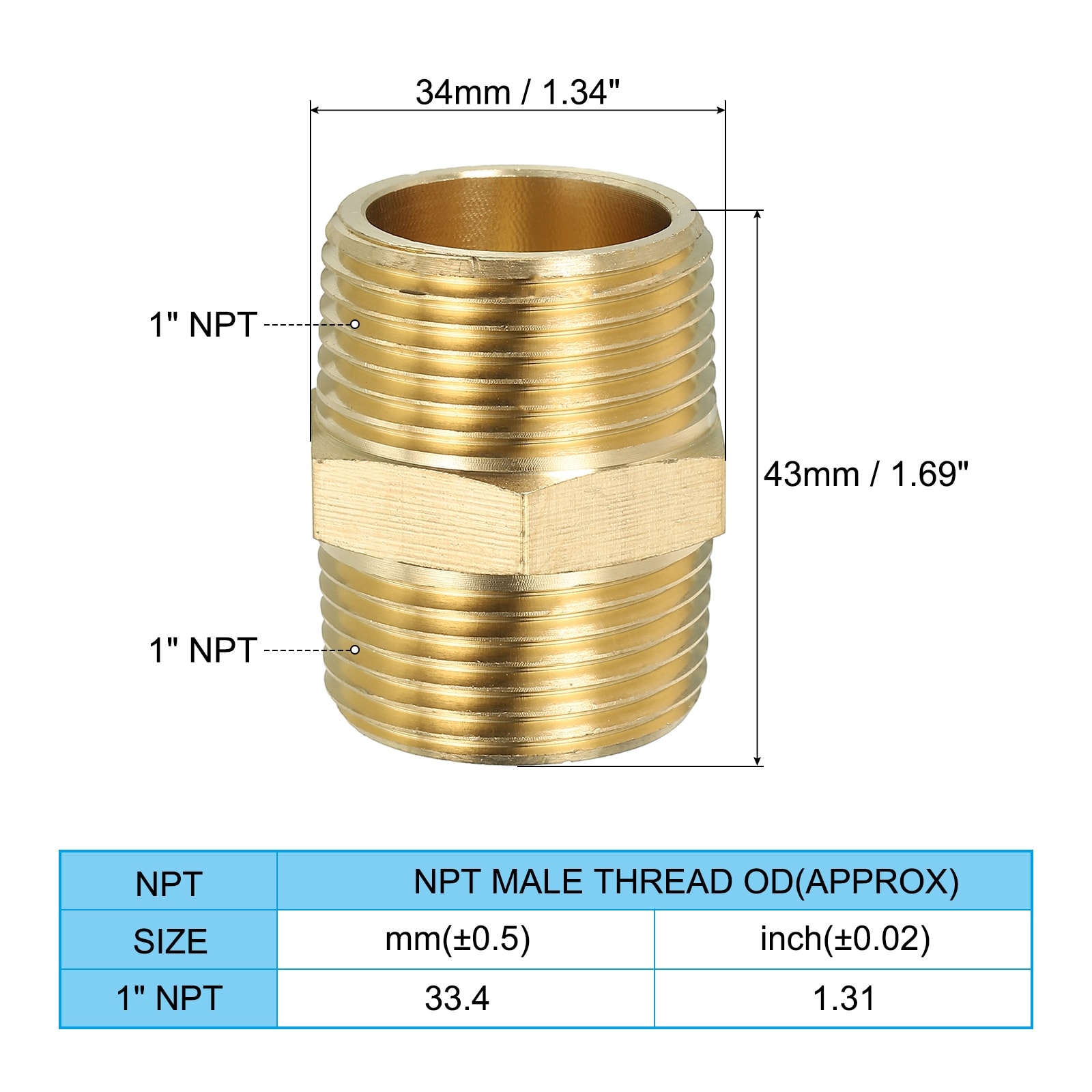 Solid Brass Hex Nipple Pipe Fitting Thread Adapter, NPT x NPT Male Water Line Connectors Couplings - Yellow