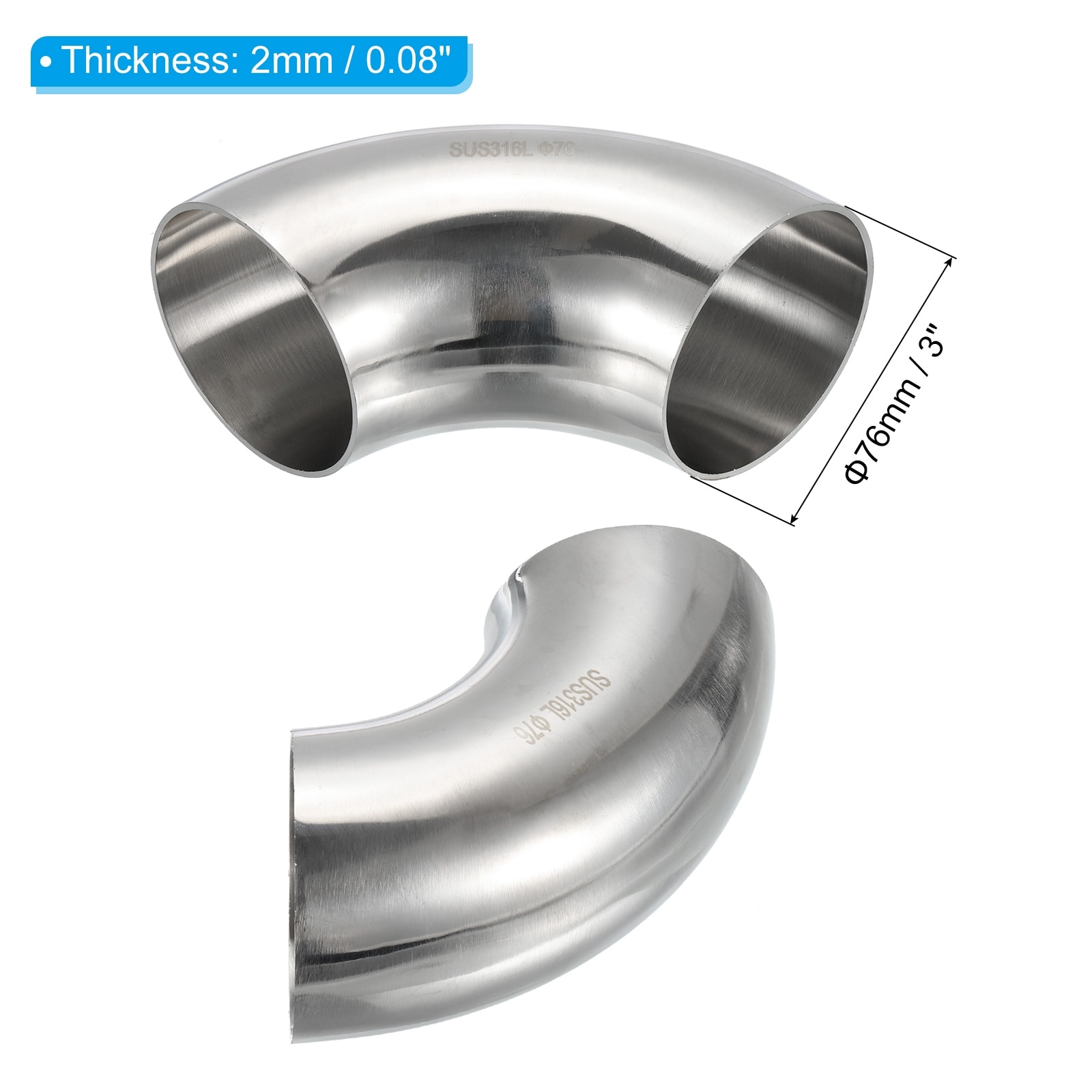 90 Degree Mandrel Bend Elbow, Steel Exhaust Elbow Exhaust Piping Connector 316 Stainless Steel for Exhaust Pipe HVAC - Silver